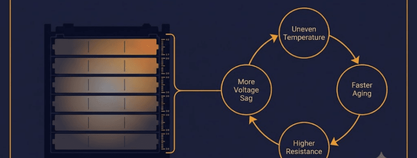 Designing Against In-Service Cell Imbalance in LFP BESS - SunLith Energy SunLith Energy LFP battery pack cross-section showing the heat-to-imbalance feedback loop between uneven cell temperature, faster aging, and rising resistance