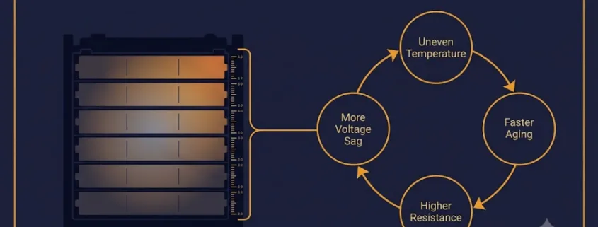 LFP battery pack cross-section showing the heat-to-imbalance feedback loop between uneven cell temperature, faster aging, and rising resistance