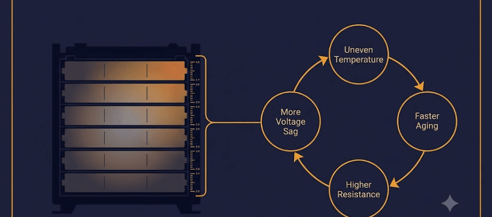 SunLith Energy LFP battery pack cross-section showing the heat-to-imbalance feedback loop between uneven cell temperature, faster aging, and rising resistance