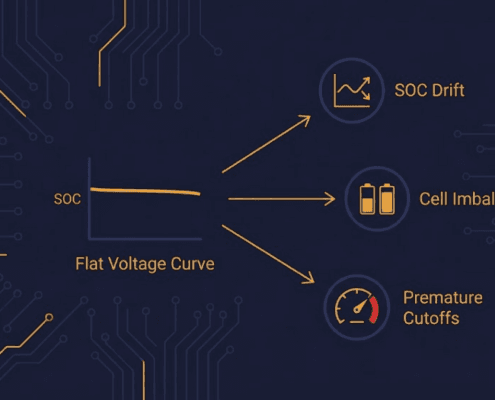 Designing an LFP BESS Against SOC Drift, Cell Imbalance, and Premature Cutoffs - SunLith Energy SunLith Energy LFP battery pack diagram showing SOC drift, cell imbalance, and premature cutoffs all tracing back to a shared flat voltage curve root cause