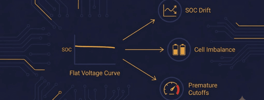 Designing an LFP BESS Against SOC Drift, Cell Imbalance, and Premature Cutoffs - SunLith Energy SunLith Energy LFP battery pack diagram showing SOC drift, cell imbalance, and premature cutoffs all tracing back to a shared flat voltage curve root cause