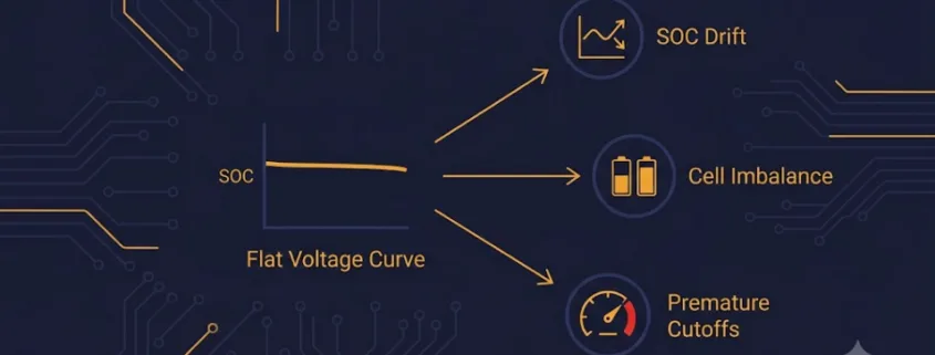 Designing an LFP BESS Against SOC Drift, Cell Imbalance, and Premature Cutoffs - SunLith Energy SunLith Energy LFP battery pack diagram showing SOC drift, cell imbalance, and premature cutoffs all tracing back to a shared flat voltage curve root cause