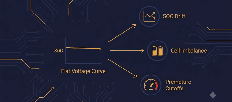 SunLith Energy LFP battery pack diagram showing SOC drift, cell imbalance, and premature cutoffs all tracing back to a shared flat voltage curve root cause