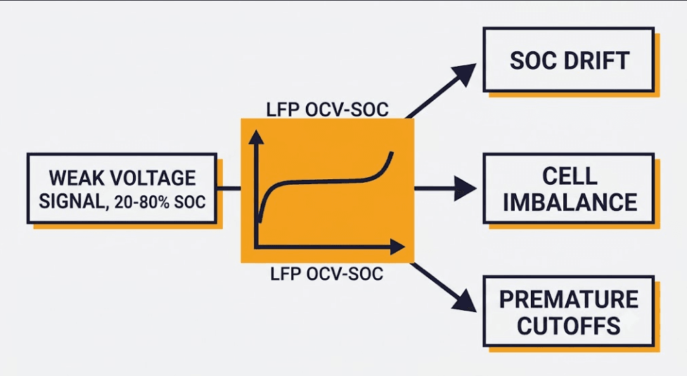 LFP BESS Shared Root Cause Diagram - SunLith Energy SunLith Energy Diagram showing SOC drift, cell imbalance, and premature cutoffs all tracing back to LFP's flat OCV-SOC curve as one shared root cause