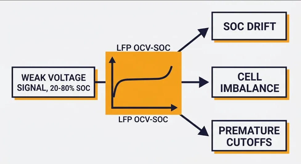 LFP BESS Shared Root Cause Diagram - SunLith Energy SunLith Energy Diagram showing SOC drift, cell imbalance, and premature cutoffs all tracing back to LFP's flat OCV-SOC curve as one shared root cause