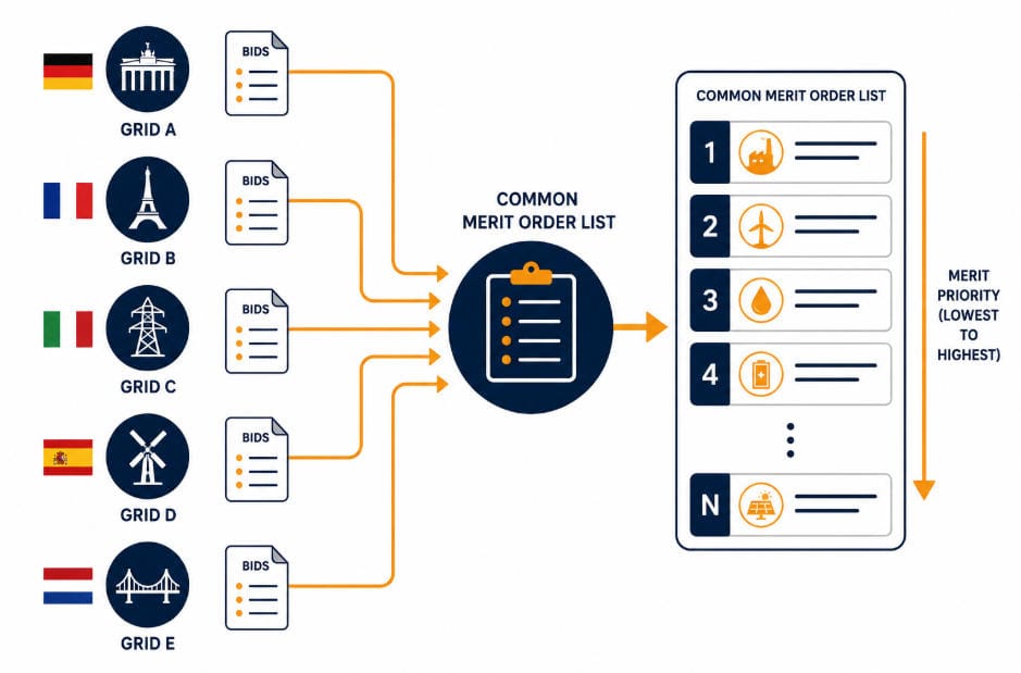 SunLith Energy MARI platform diagram showing national mFRR bids merging into one common merit order list