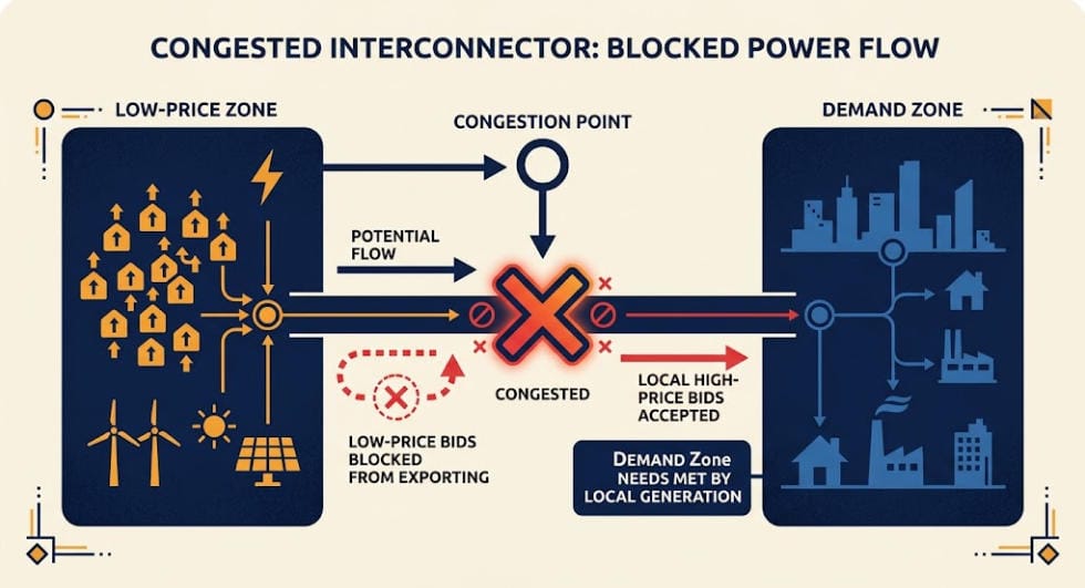 SunLith Energy MARI platform map showing Cross Zonal Capacity constraint blocking a cheaper bid from clearing