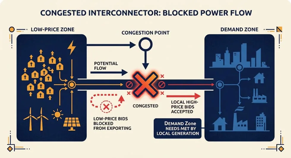 SunLith Energy MARI platform map showing Cross Zonal Capacity constraint blocking a cheaper bid from clearing