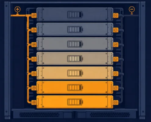 SunLith Energy Mixed-age string design showing old and new BESS modules sharing a series string after augmentation