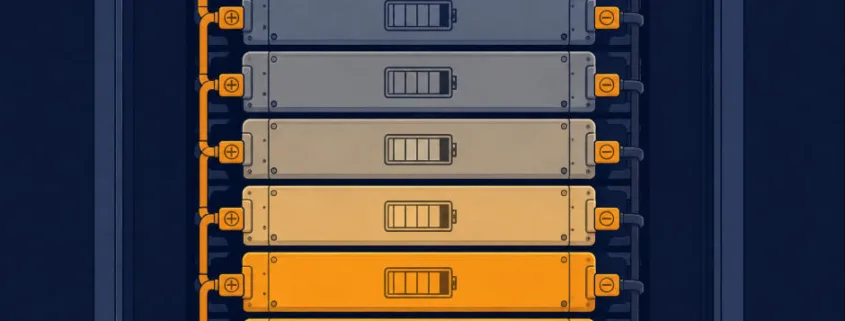 Mixed-age string design showing old and new BESS modules sharing a series string after augmentation
