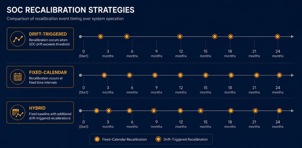 Diagram comparing drift-triggered, fixed-calendar, and hybrid recalibration scheduling cadences for LFP BESS
