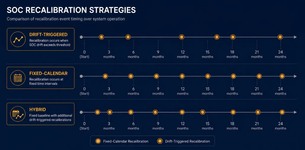 SunLith Energy Diagram comparing drift-triggered, fixed-calendar, and hybrid recalibration scheduling cadences for LFP BESS