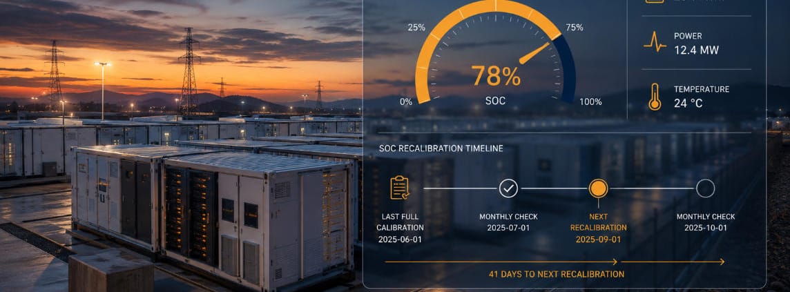 SunLith Energy Grid-scale LFP battery storage system with SOC monitoring dashboard, recalibration scheduling.