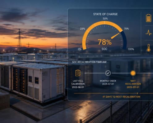 SunLith Energy Grid-scale LFP battery storage system with SOC monitoring dashboard, recalibration scheduling.