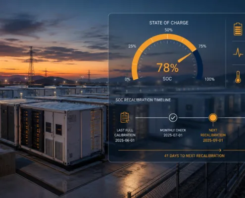 recalibration-scheduling-hero - SunLith Energy SunLith Energy Grid-scale LFP battery storage system with SOC monitoring dashboard, recalibration scheduling.