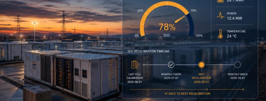 Grid-scale LFP battery storage system with SOC monitoring dashboard, recalibration scheduling.