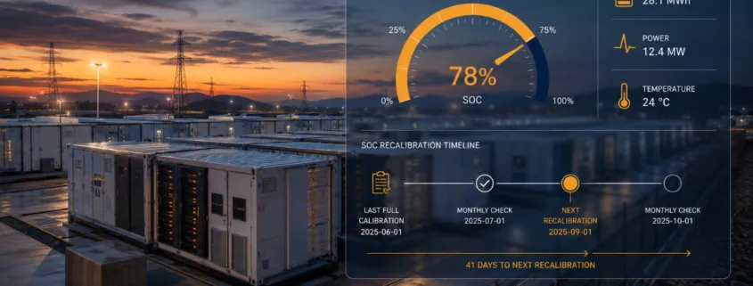 SunLith Energy Grid-scale LFP battery storage system with SOC monitoring dashboard, recalibration scheduling.