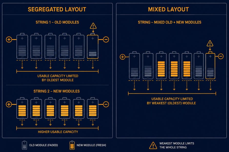 Segregated vs Mixed-Age String Layout - SunLith Energy SunLith Energy Diagram comparing segregated strings versus mixed-age strings in a BESS augmentation retrofit