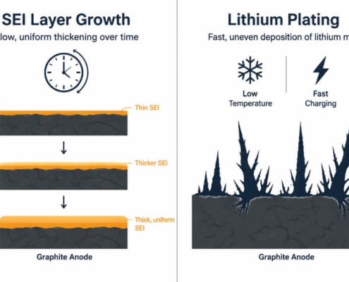 SEI Layer Growth and Lithium Plating in LFP Cells - SunLith Energy SunLith Energy SEI layer growth and lithium plating shown as two different anode degradation mechanisms