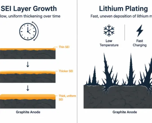 SunLith Energy SEI layer growth and lithium plating shown as two different anode degradation mechanisms