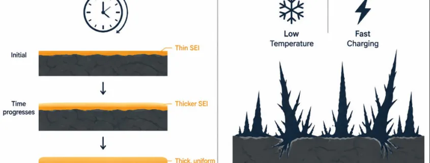 SunLith Energy SEI layer growth and lithium plating shown as two different anode degradation mechanisms