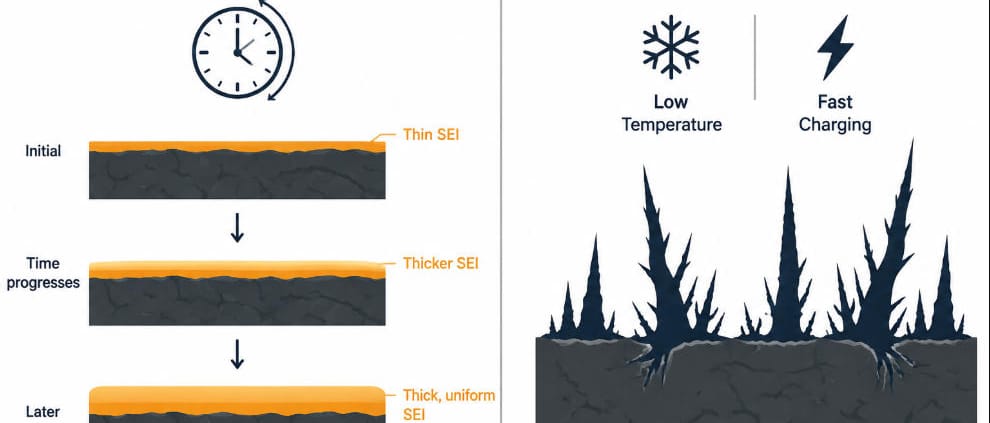 SEI Layer Growth and Lithium Plating in LFP Cells - SunLith Energy SunLith Energy SEI layer growth and lithium plating shown as two different anode degradation mechanisms