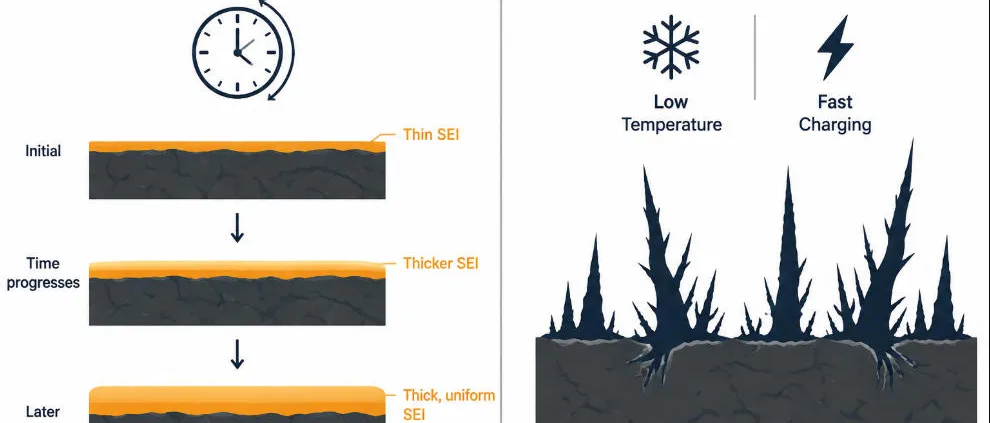 SunLith Energy SEI layer growth and lithium plating shown as two different anode degradation mechanisms
