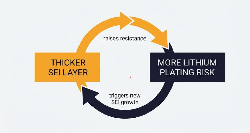 How SEI Growth and Lithium Plating Reinforce Each Other - SunLith Energy SunLith Energy Feedback loop between SEI layer growth and lithium plating in LFP batteries