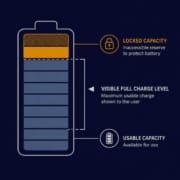 Stranded Capacity in a BESS - SunLith Energy SunLith Energy Battery infographic with three zones: locked capacity at the top, visible full charge in the middle, and usable capacity at the bottom labeled accordingly.