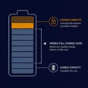 SunLith Energy Battery infographic with three zones: locked capacity at the top, visible full charge in the middle, and usable capacity at the bottom labeled accordingly.
