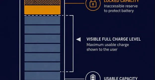 Stranded Capacity in a BESS - SunLith Energy SunLith Energy Battery infographic with three zones: locked capacity at the top, visible full charge in the middle, and usable capacity at the bottom labeled accordingly.