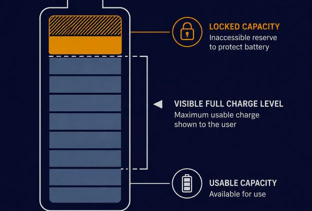 Stranded Capacity in a BESS - SunLith Energy SunLith Energy Battery infographic with three zones: locked capacity at the top, visible full charge in the middle, and usable capacity at the bottom labeled accordingly.