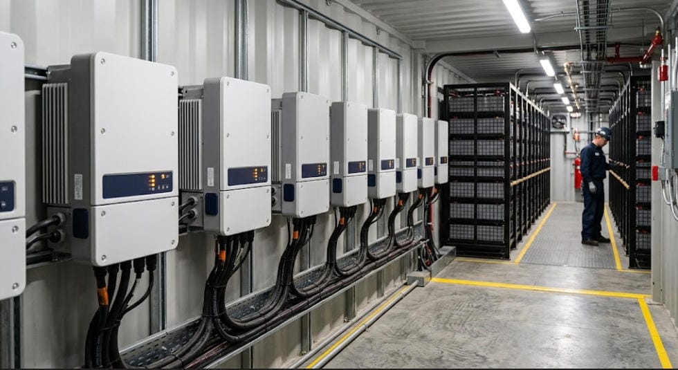 String PCS units inside a battery energy storage enclosure