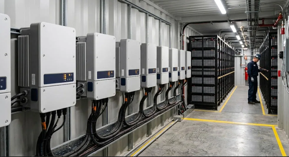 Containerized String PCS Units in a BESS - SunLith Energy SunLith Energy String PCS units inside a battery energy storage enclosure