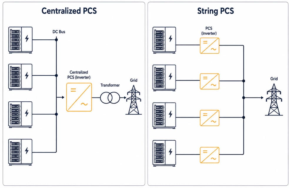 String vs Centralized BESS PCS topology diagram