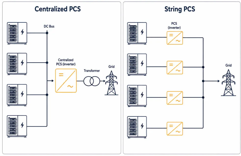 String vs Centralized BESS Architecture Comparison - SunLith Energy SunLith Energy String vs Centralized BESS PCS topology diagram