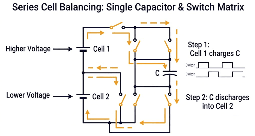 switched-capacitor active balancing circuit schematic between two adjacent LFP cells