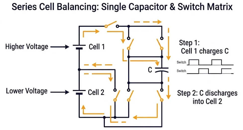 SunLith Energy switched-capacitor active balancing circuit schematic between two adjacent LFP cells