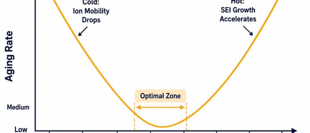 The Arrhenius Relationship in Battery Degradation - SunLith Energy SunLith Energy Temperature battery degradation Arrhenius V-shaped aging curve