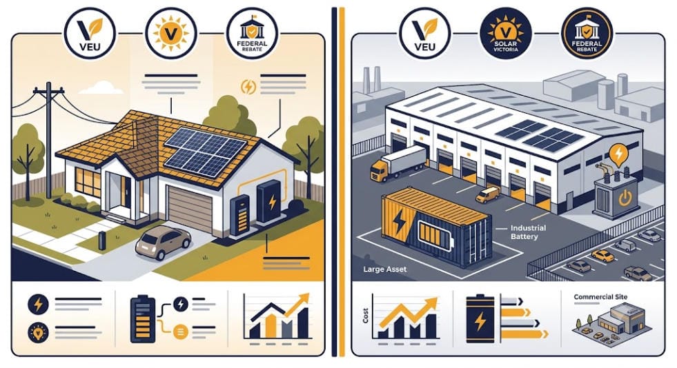 Comparing VEU rebate, Solar Victoria rebates, and federal battery incentives