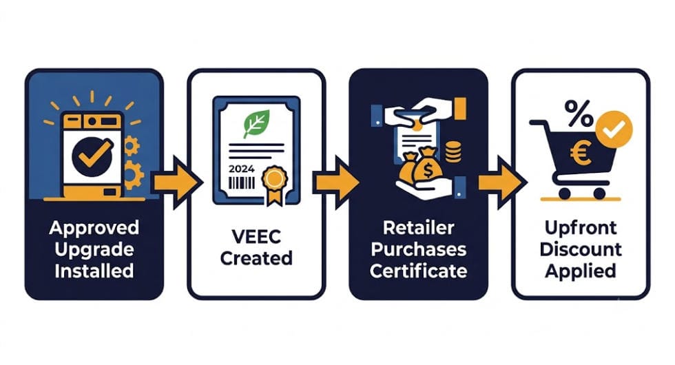 How VEU rebate credits move from installation to discount