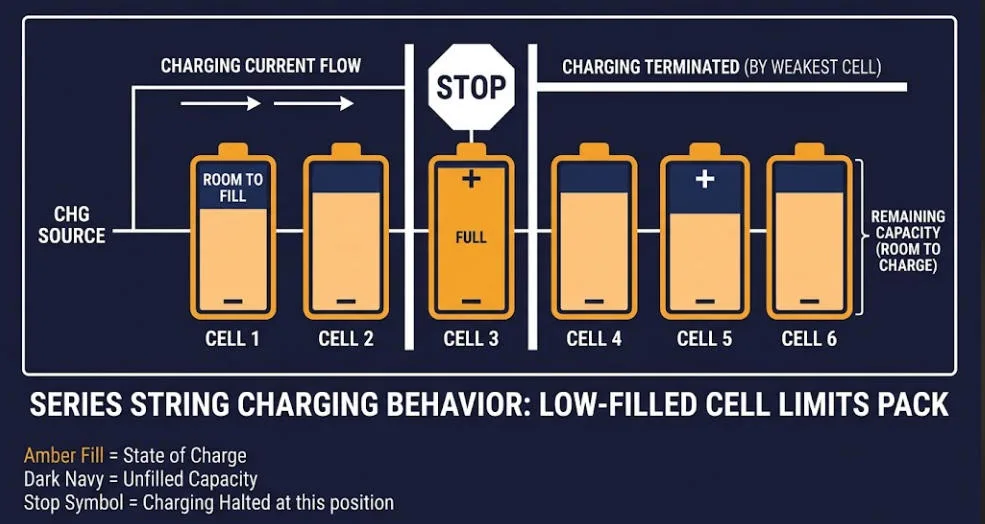 How a Weak Cell Strands Pack Capacity - SunLith Energy SunLith Energy Diagram showing a battery pack stopping discharge early due to one weak cell hitting its limit