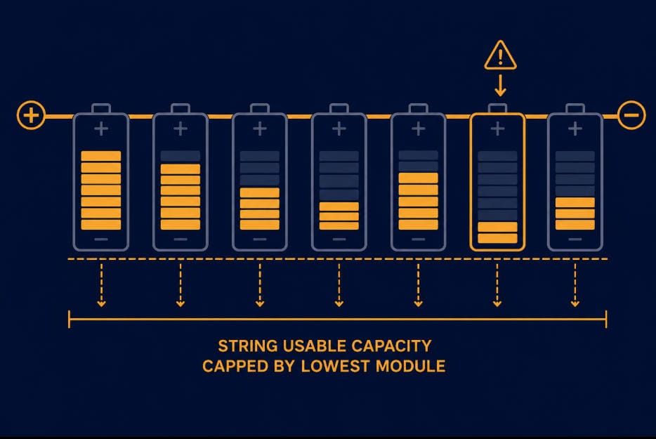 Weakest-Link Capacity Constraint in a Series String - SunLith Energy SunLith Energy Diagram showing a series string's capacity capped by its weakest, most-degraded module