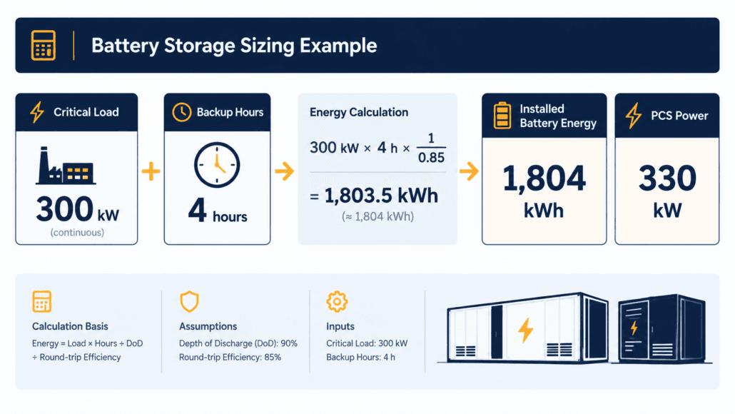 SunLith Energy Worked example infographic for a 300 kW critical load BESS sizing calculation