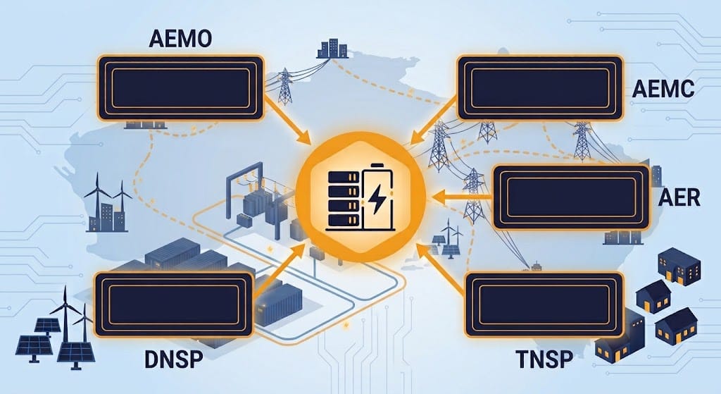 Australia BESS Grid Connection Governance Structure - SunLith Energy SunLith Energy Diagram of AEMO, AEMC, AER, TNSP and DNSP roles in Australia BESS grid connection