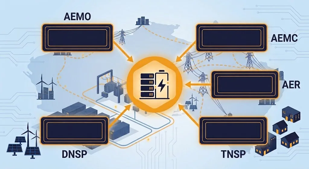 Australia BESS Grid Connection Governance Structure - SunLith Energy SunLith Energy Diagram of AEMO, AEMC, AER, TNSP and DNSP roles in Australia BESS grid connection