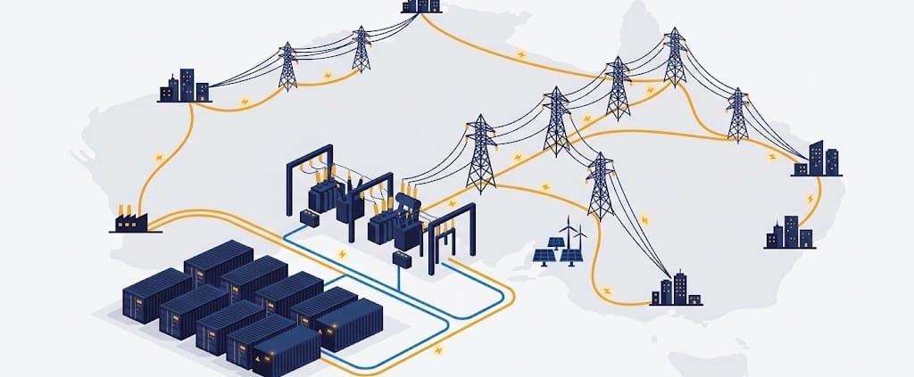 Australia BESS Grid Connection Overview - SunLith Energy SunLith Energy Australia BESS grid connection map showing AEMO, TNSP and DNSP network layers