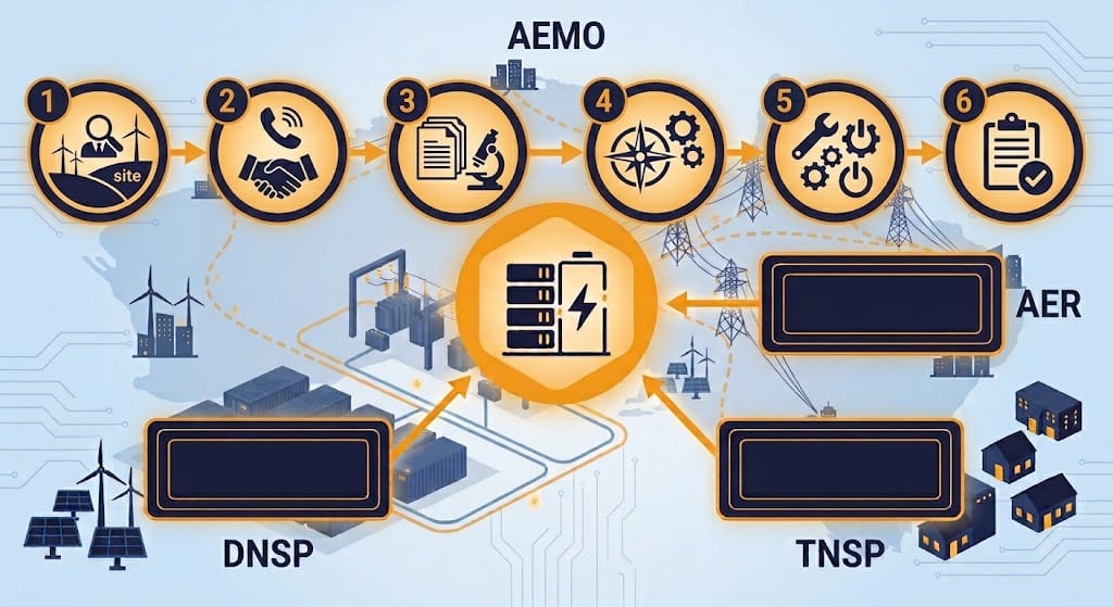 Australia BESS Grid Connection Process Flow - SunLith Energy SunLith Energy Six-stage flow diagram of the Australia BESS grid connection process from screening to compliance