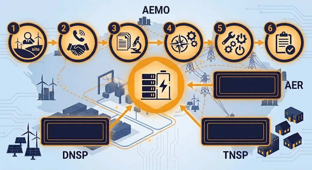 Australia BESS Grid Connection Process Flow - SunLith Energy SunLith Energy Six-stage flow diagram of the Australia BESS grid connection process from screening to compliance