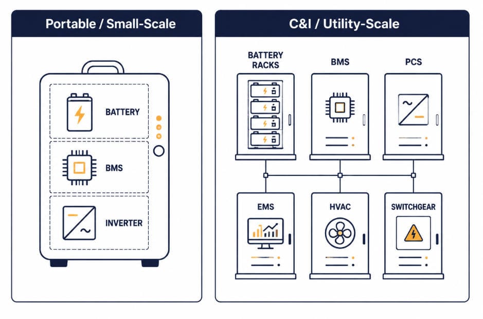 Diagram comparing integrated BESS architecture in portable systems versus dedicated subsystems in C&I and utility-scale BESS